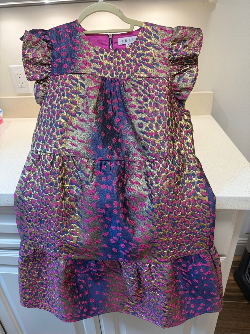 THML Metallic Gold Blue and Magenta Animal Print Dress